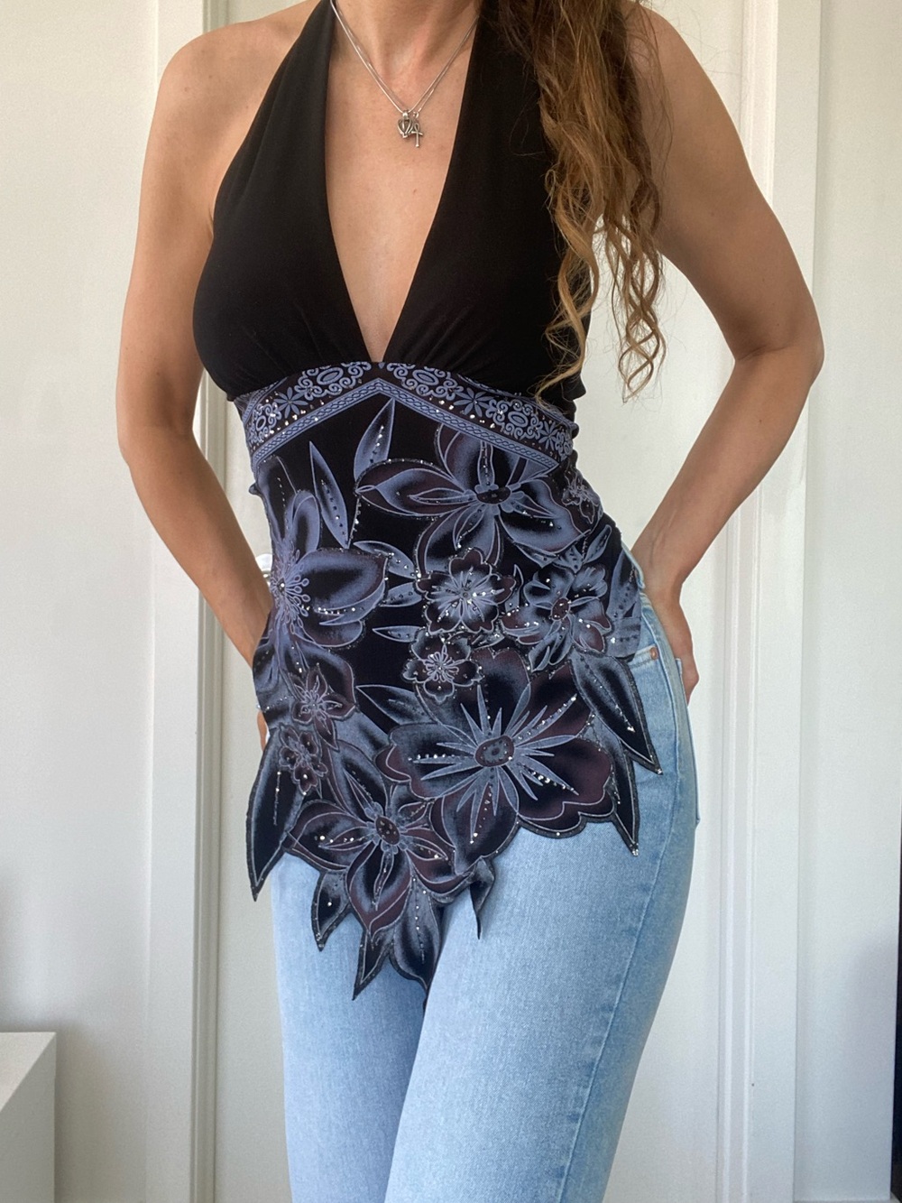 Sparkles! Fairycore Size L whimsy witchy dark angel black halter stretch top